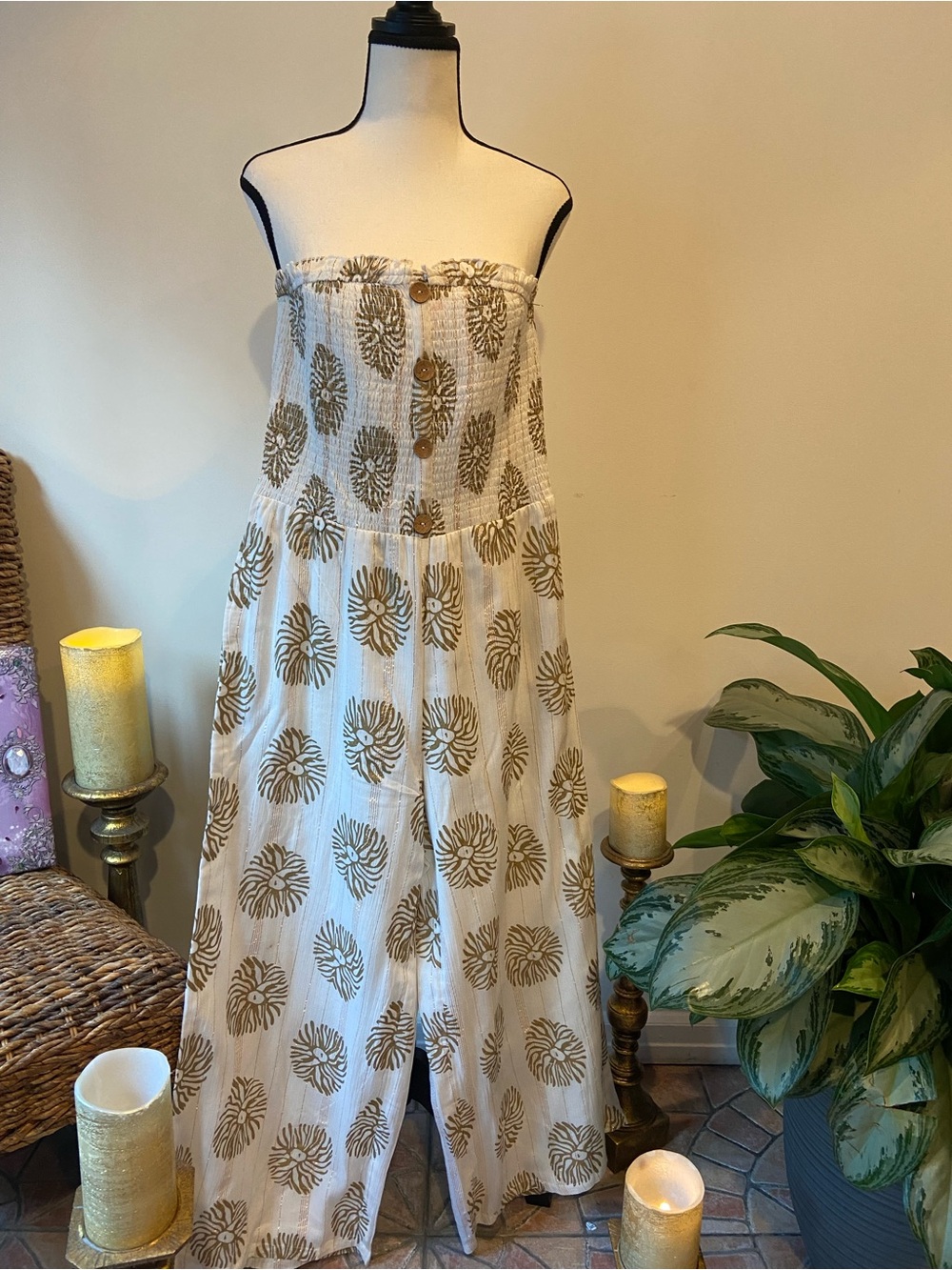Smocked Strapless White Dress with Gold Sunburst Print